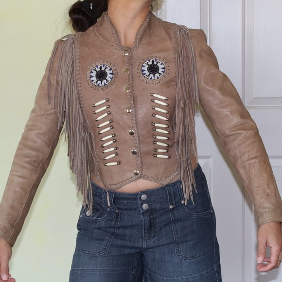 Hot Leathers fringe motorcycle bone and bided women's jacket Size XS long sleeve - Picture 3 of 13